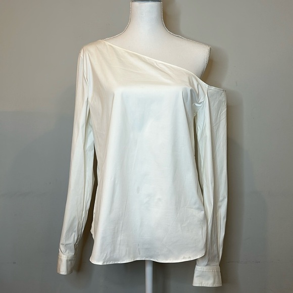 Theory White Crisp Ulrika One-Shoulder Asymmetric Shoulders Blouse Size Medium - Picture 4 of 9